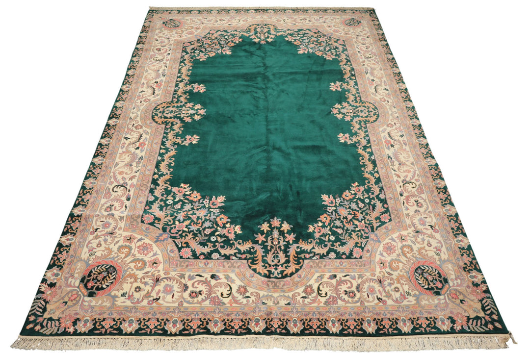 10x14 Emerald, Ivory, Rose Color Hand Knotted Kerman Wool Traditional Oriental Rug