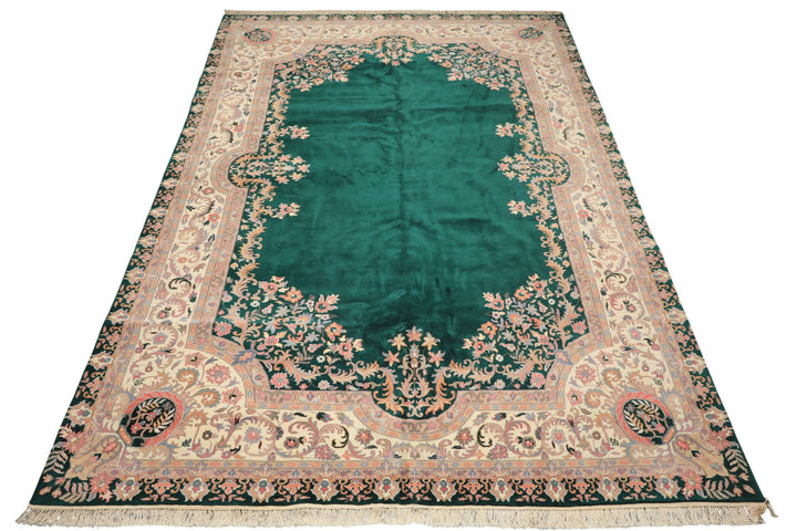 10x14 Emerald, Ivory, Rose Color Hand Knotted Kerman Wool Traditional Oriental Rug