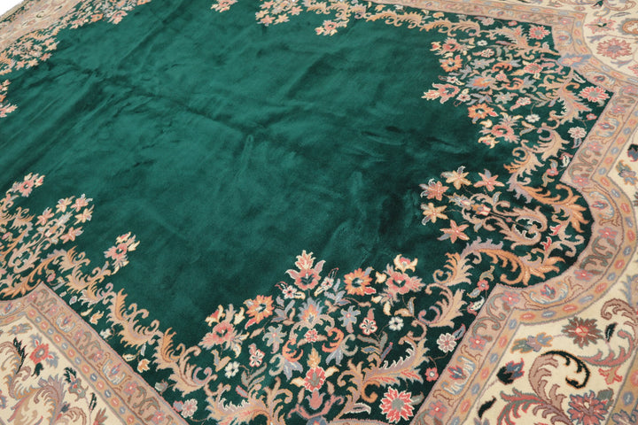 10x14 Emerald, Ivory, Rose Color Hand Knotted Kerman Wool Traditional Oriental Rug
