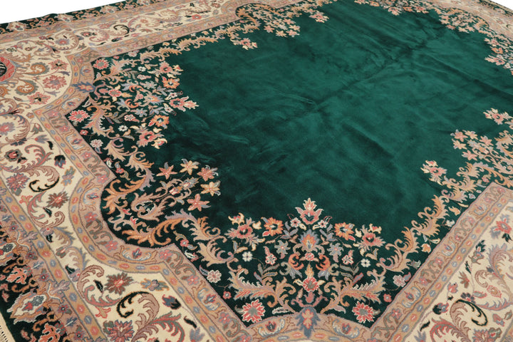 10x14 Emerald, Ivory, Rose Color Hand Knotted Kerman Wool Traditional Oriental Rug