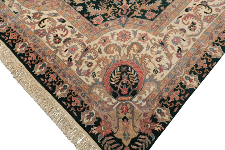 10x14 Emerald, Ivory, Rose Color Hand Knotted Kerman Wool Traditional Oriental Rug