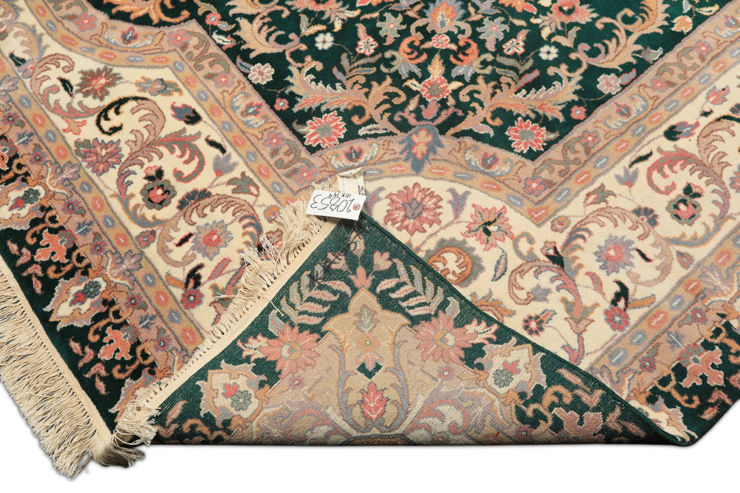 10x14 Emerald, Ivory, Rose Color Hand Knotted Kerman Wool Traditional Oriental Rug