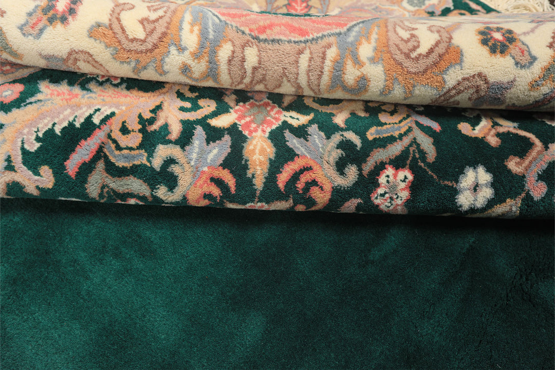 10x14 Emerald, Ivory, Rose Color Hand Knotted Kerman Wool Traditional Oriental Rug