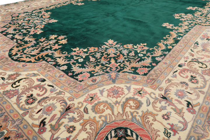 10x14 Emerald, Ivory, Rose Color Hand Knotted Kerman Wool Traditional Oriental Rug