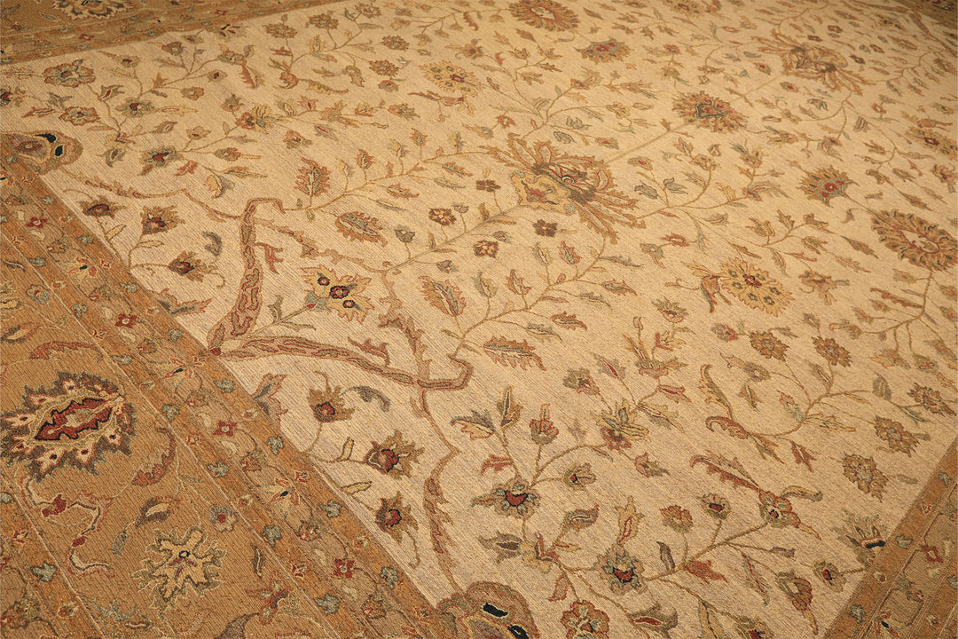 12x18 Beige, Tan, Gold Color Hand Knotted Soumak Wool Transitional Oriental Rug