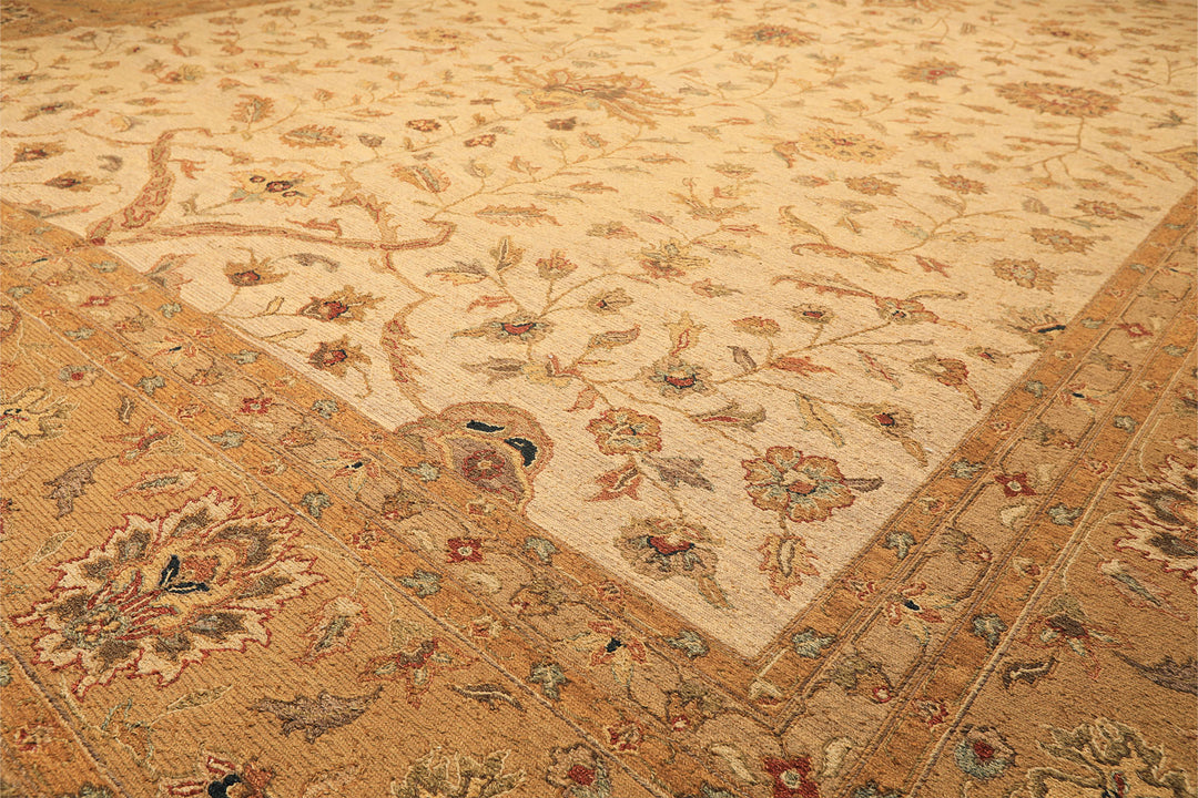 12x18 Beige, Tan, Gold Color Hand Knotted Soumak Wool Transitional Oriental Rug