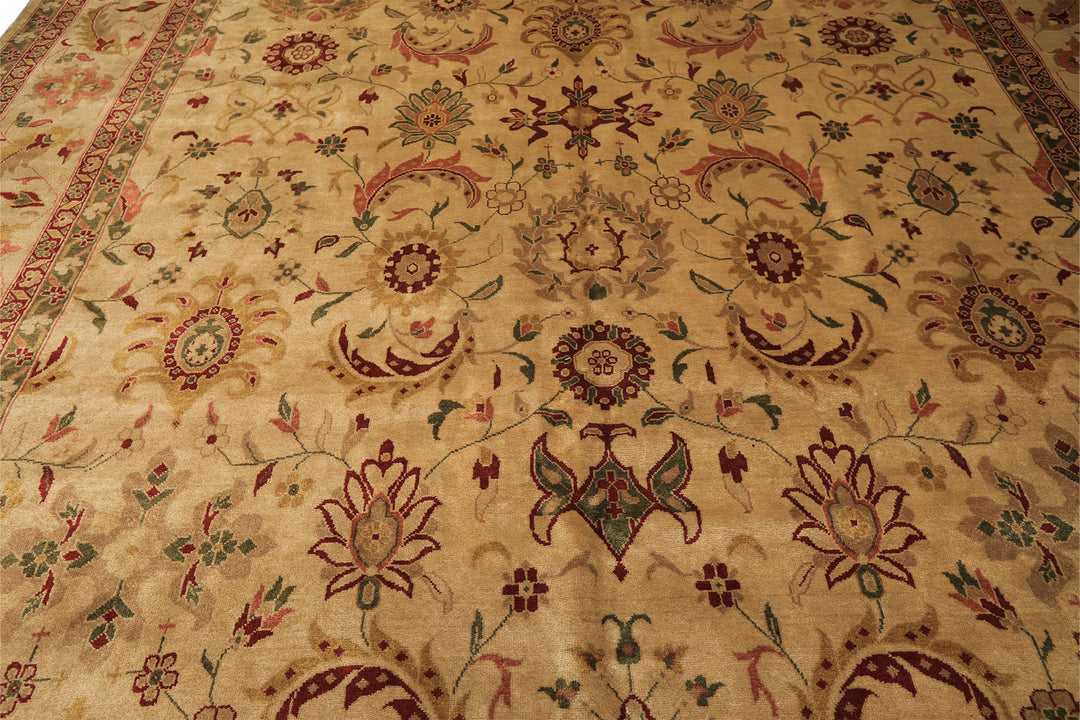 Palace Beige, Moss, Wine Color Hand Knotted Oushak Wool Transitional Oriental Rug