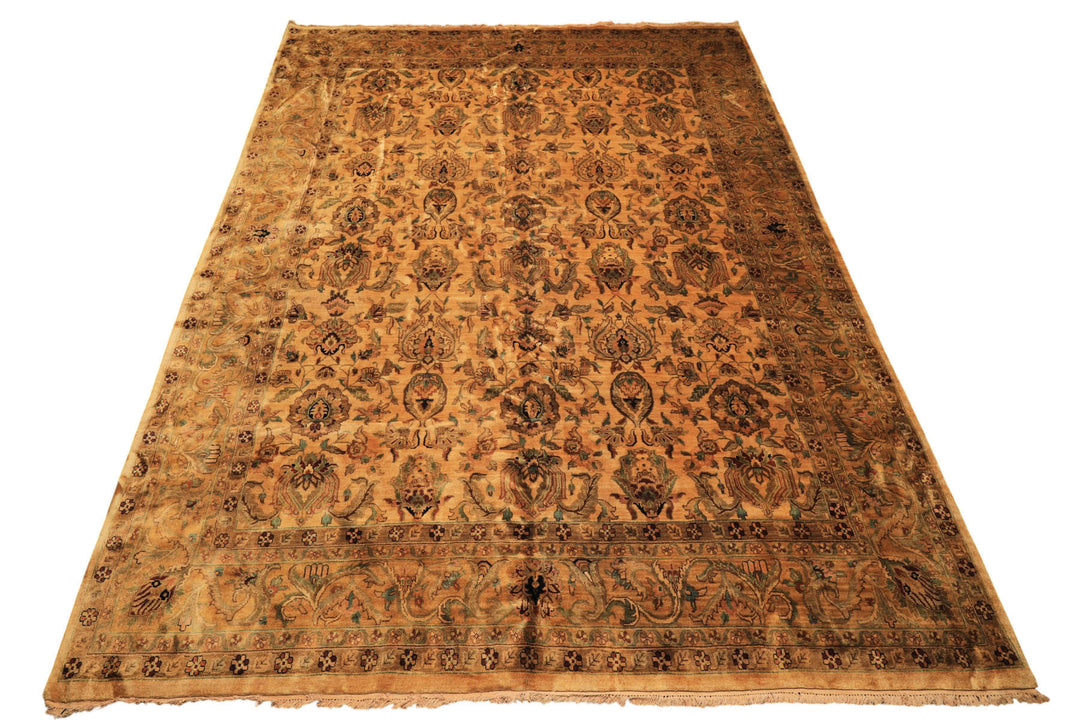 10x14 Light Gold, Brown, Turquoise Color Hand Knotted Oushak New Zealand Wool Transitional Oriental Rug