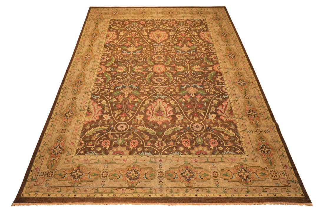 10x14 Brown, Moss, Gold Color Hand Knotted Soumak Wool Transitional Oriental Rug