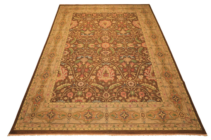 10x14 Brown, Moss, Gold Color Hand Knotted Soumak Wool Transitional Oriental Rug