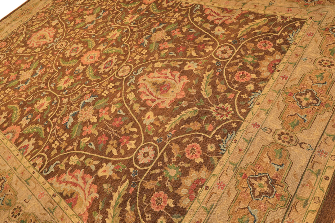 10x14 Brown, Moss, Gold Color Hand Knotted Soumak Wool Transitional Oriental Rug