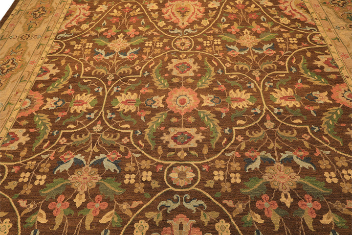 10x14 Brown, Moss, Gold Color Hand Knotted Soumak Wool Transitional Oriental Rug