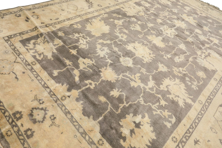 Palace Gray, Ivory, Light Gold Color Hand Knotted Oushak Wool Transitional Oriental Rug