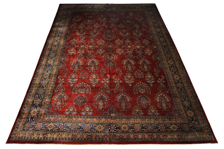 Runner Rusty Red, Navy, Mint Color Hand Knotted Sarouk New Zealand Wool Traditional Oriental Rug