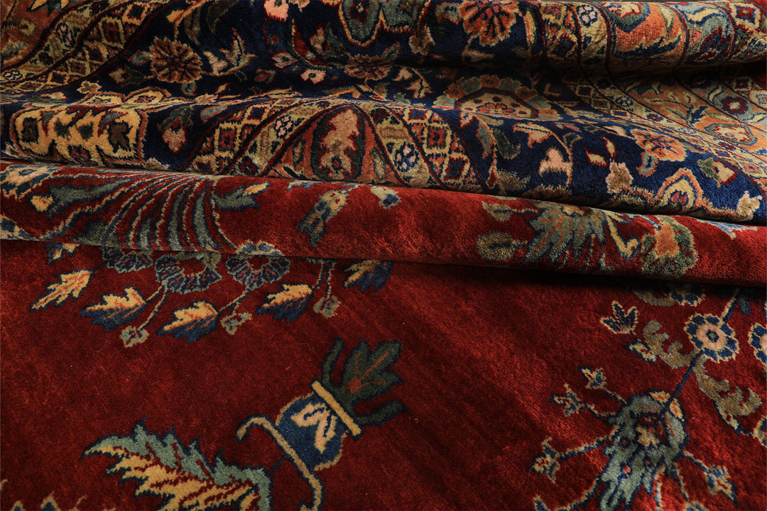 Runner Rusty Red, Navy, Mint Color Hand Knotted Sarouk New Zealand Wool Traditional Oriental Rug