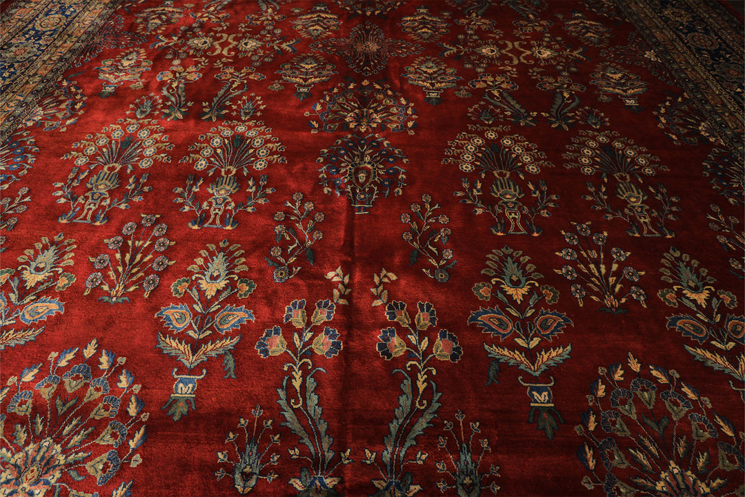 Runner Rusty Red, Navy, Mint Color Hand Knotted Sarouk New Zealand Wool Traditional Oriental Rug
