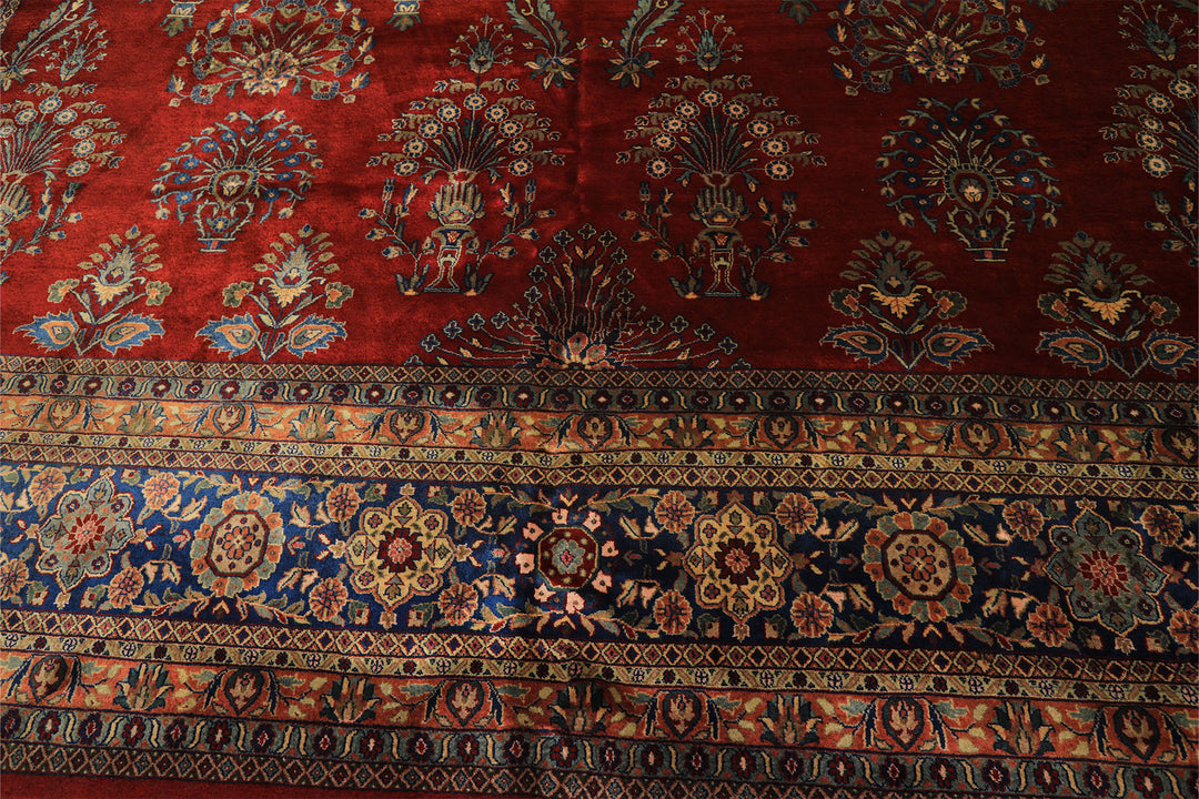 Runner Rusty Red, Navy, Mint Color Hand Knotted Sarouk New Zealand Wool Traditional Oriental Rug
