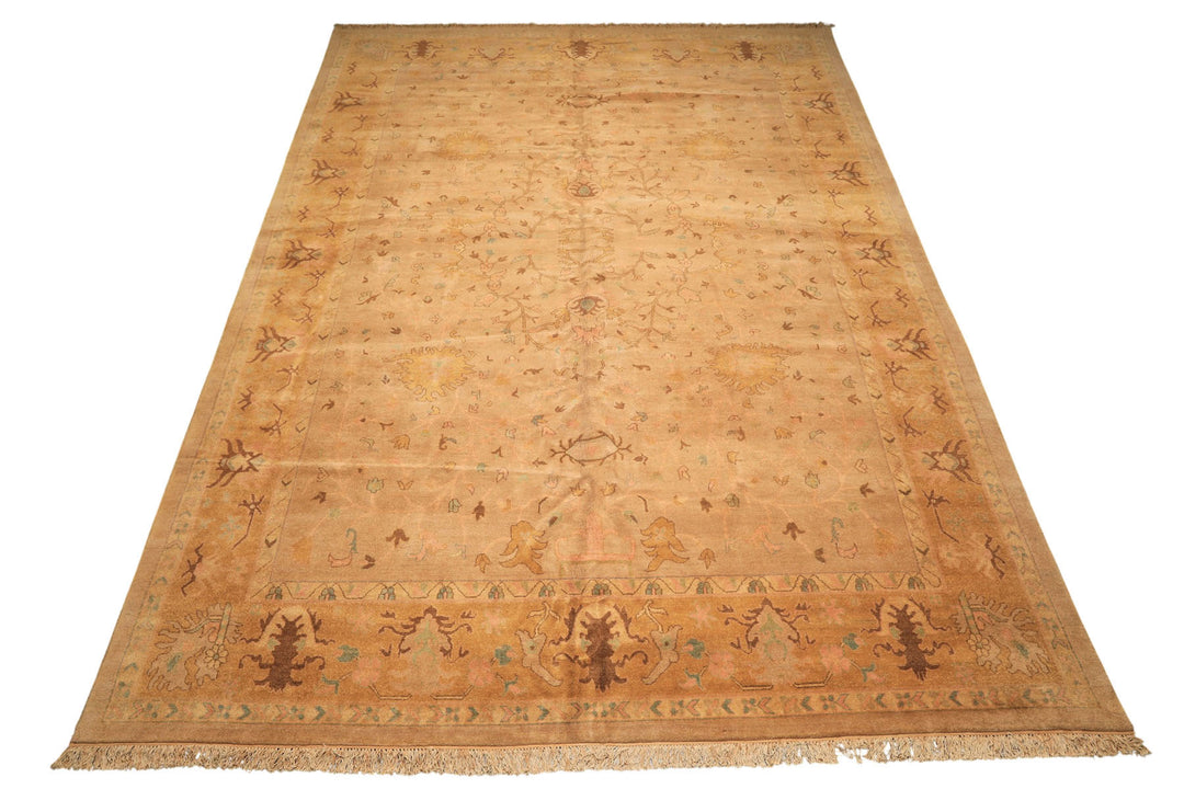Palace Tan, Gold, Turquoise Color Hand Knotted Oushak Wool Transitional Oriental Rug