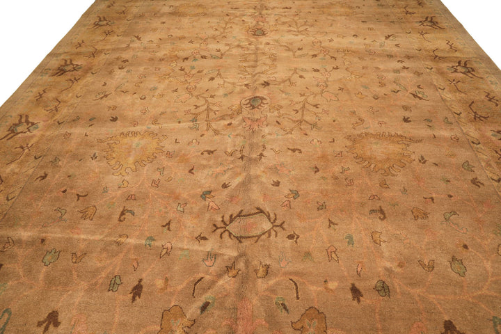 Palace Tan, Gold, Turquoise Color Hand Knotted Oushak Wool Transitional Oriental Rug
