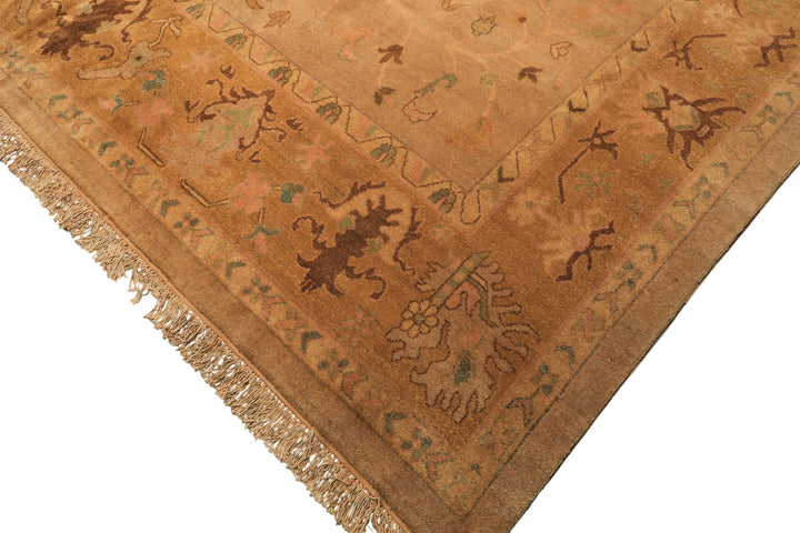 Palace Tan, Gold, Turquoise Color Hand Knotted Oushak Wool Transitional Oriental Rug