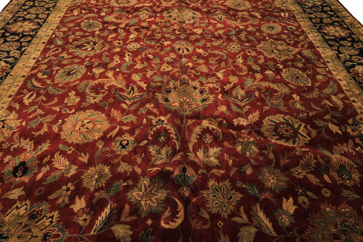 12x18 Burgundy, Black, Green Color Hand Knotted Agra New Zealand Wool Traditional Oriental Rug