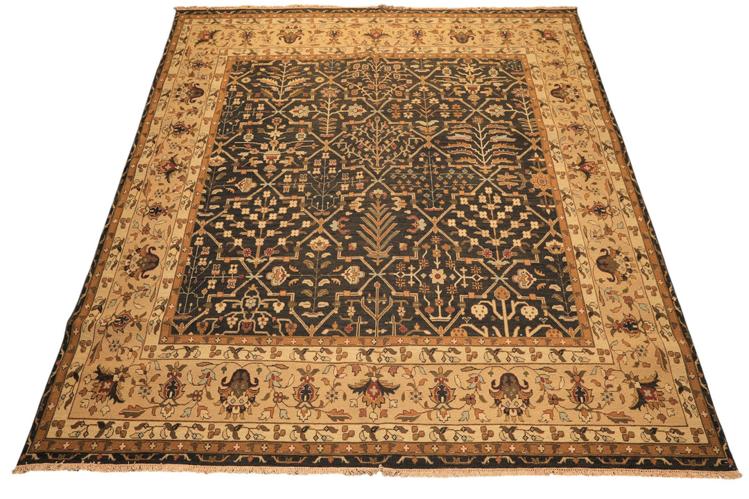 Square Charcoal, Tan, Rust Color Hand Knotted Soumak Wool Transitional Oriental Rug