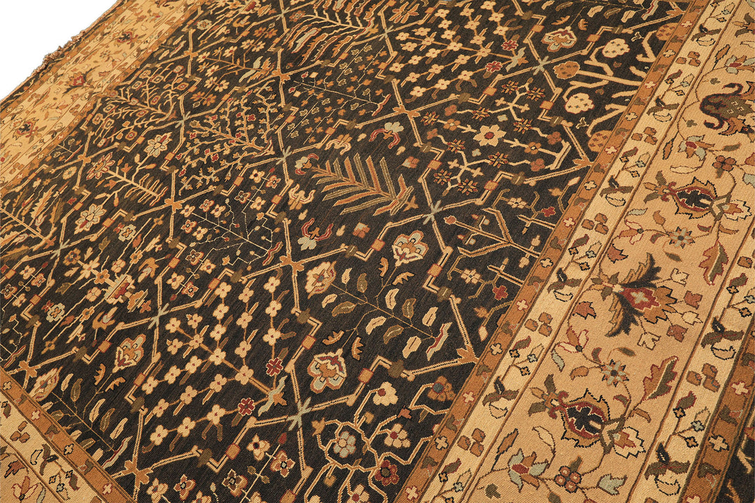 Square Charcoal, Tan, Rust Color Hand Knotted Soumak Wool Transitional Oriental Rug