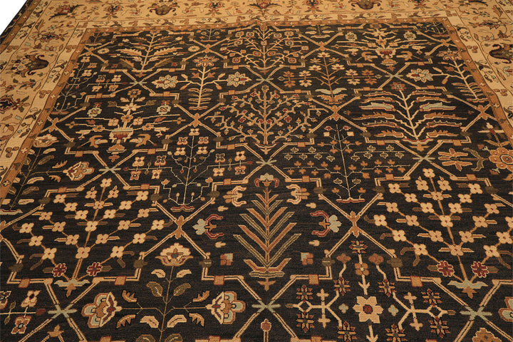 Square Charcoal, Tan, Rust Color Hand Knotted Soumak Wool Transitional Oriental Rug