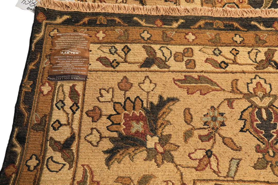 Square Charcoal, Tan, Rust Color Hand Knotted Soumak Wool Transitional Oriental Rug