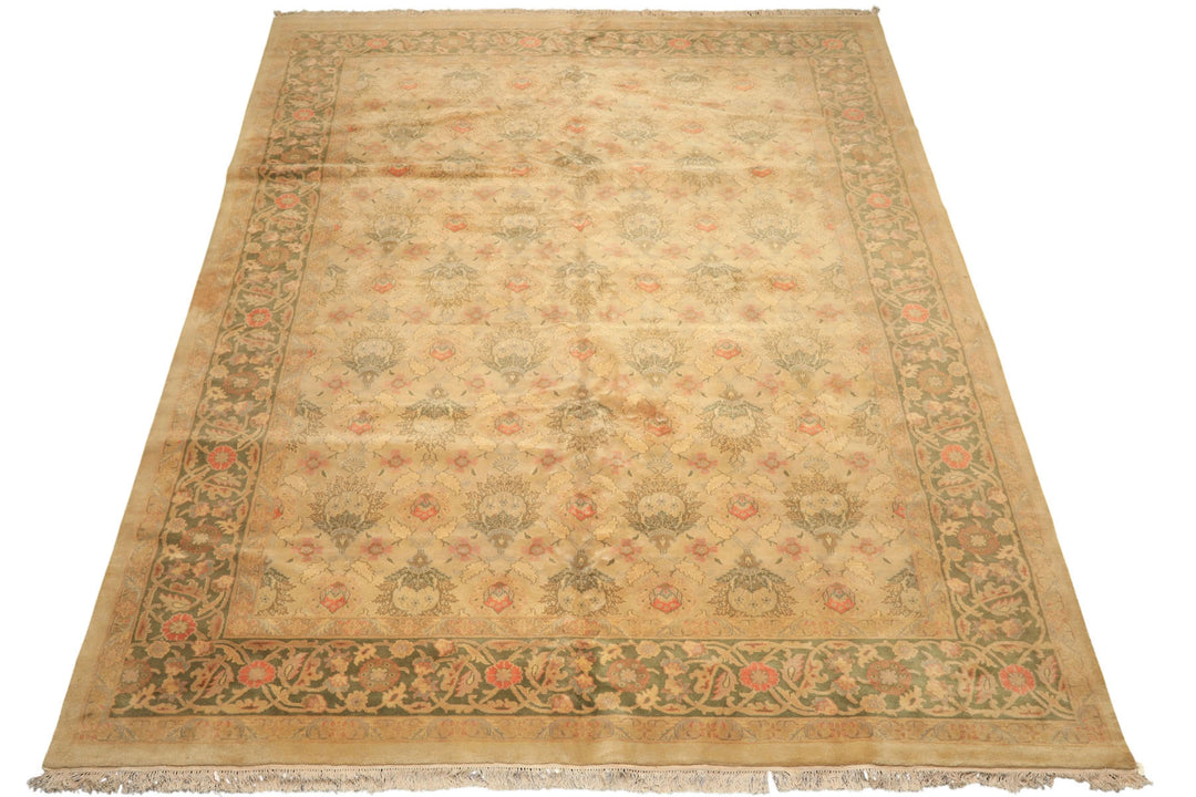 9x13 Beige, Moss, Sage Color Hand Knotted Oushak Wool Transitional Oriental Rug