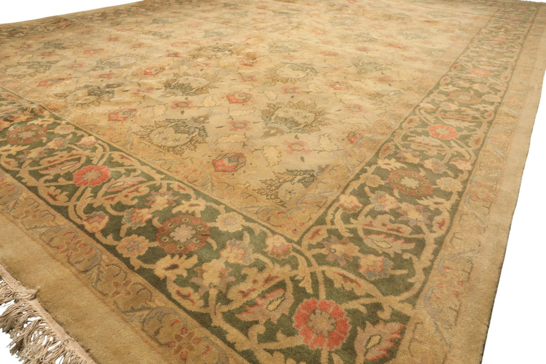 9x13 Beige, Moss, Sage Color Hand Knotted Oushak Wool Transitional Oriental Rug