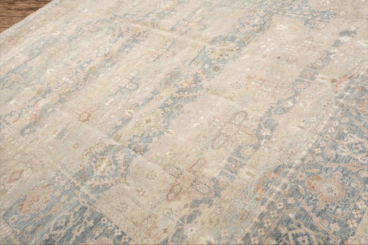 8x10 Hand Knotted Wool & Silk Traditional Oriental Area Rug Beige Aqua Color