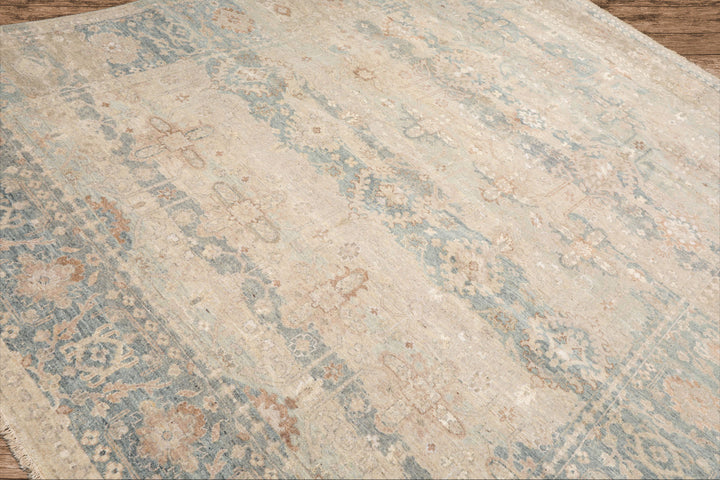 8x10 Hand Knotted Wool & Silk Traditional Oriental Area Rug Beige Aqua Color