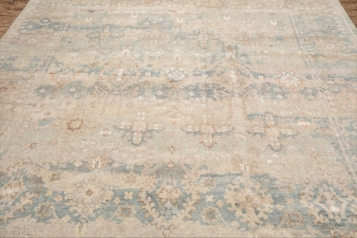 8x10 Hand Knotted Wool & Silk Traditional Oriental Area Rug Beige Aqua Color