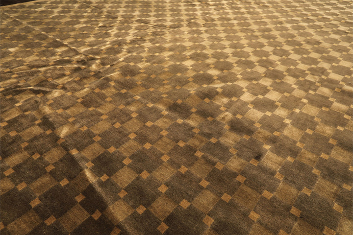 10x14 Tan, Olive, Green Color Hand Knotted Tibetan New Zealand Wool Transitional Oriental Rug