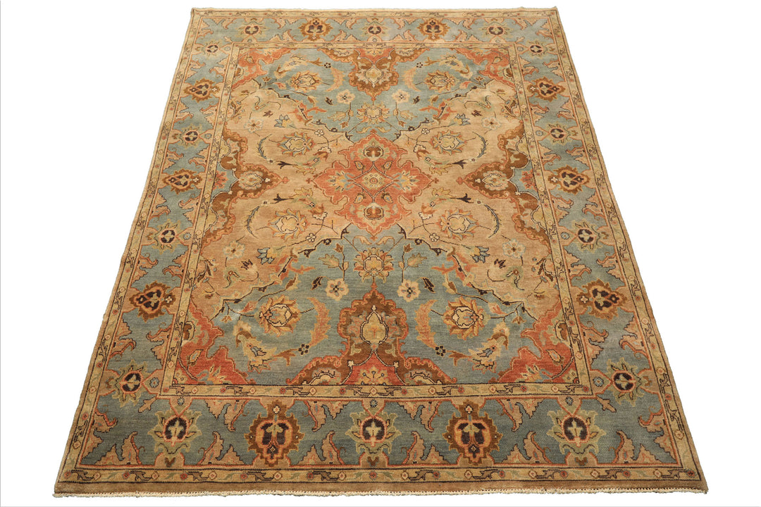 8x10 Tan, Aqua, Beige Color Hand Knotted Oushak Wool Traditional/ Floral Oriental Rug