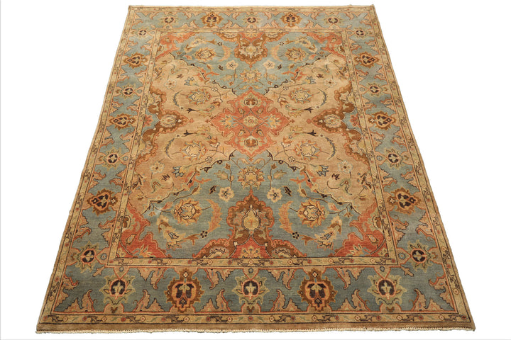 8x10 Tan, Aqua, Beige Color Hand Knotted Oushak Wool Traditional/ Floral Oriental Rug