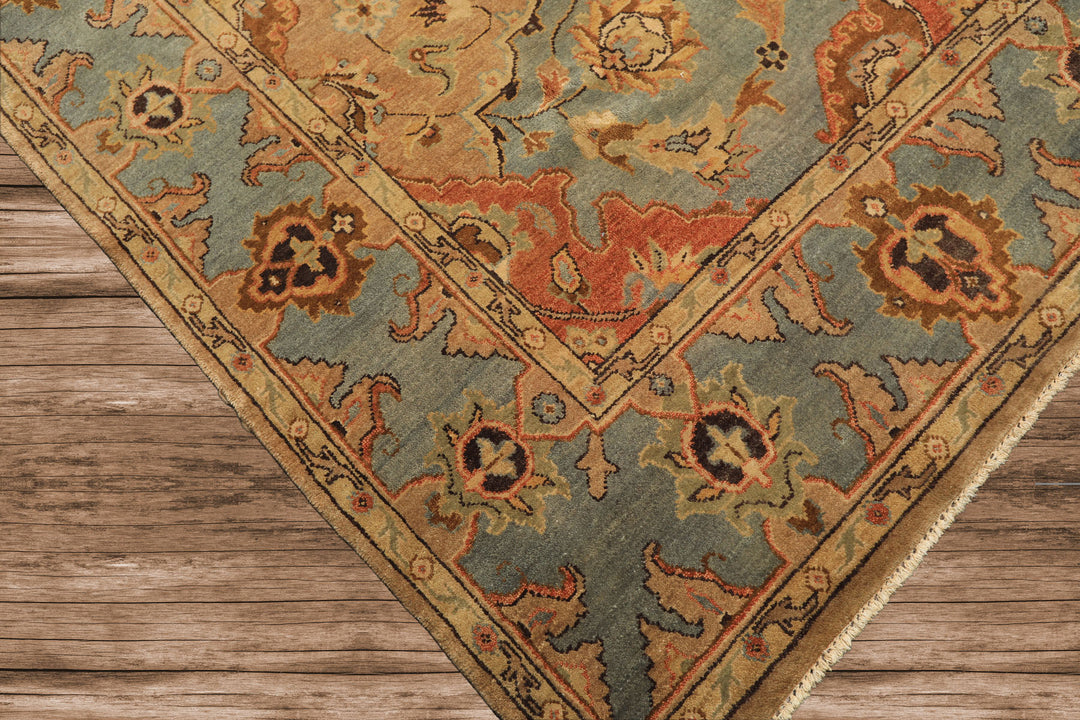 8x10 Tan, Aqua, Beige Color Hand Knotted Oushak Wool Traditional/ Floral Oriental Rug