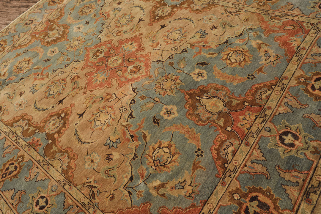 8x10 Tan, Aqua, Beige Color Hand Knotted Oushak Wool Traditional/ Floral Oriental Rug