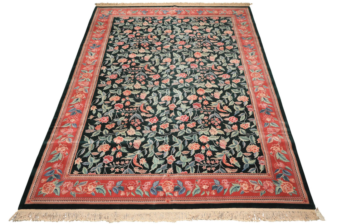 10x14 Emerald, Pink, Rose Color Hand Knotted Sino Persian Wool &amp; Silk Traditional Oriental Rug