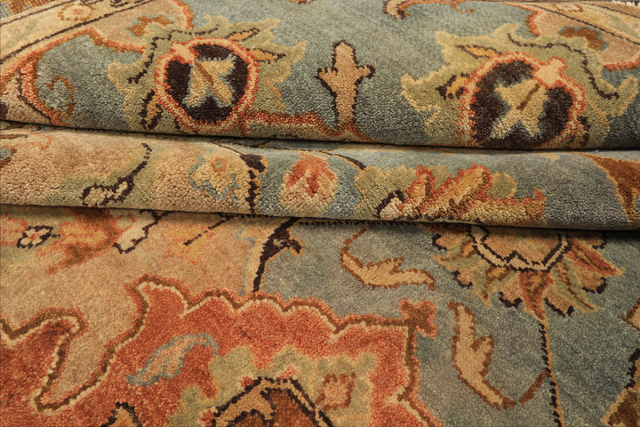 8x10 Tan, Aqua, Beige Color Hand Knotted Oushak Wool Traditional/ Floral Oriental Rug