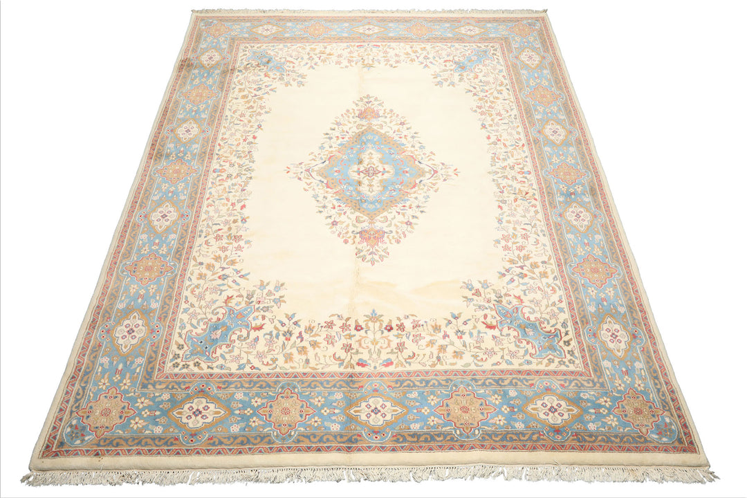 9x12 Ivory, Aqua, Tan Color Hand Knotted Kerman Wool Traditional/ Medallion Oriental Rug