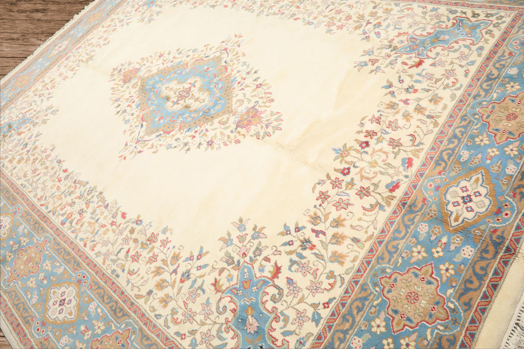 9x12 Ivory, Aqua, Tan Color Hand Knotted Kerman Wool Traditional/ Medallion Oriental Rug