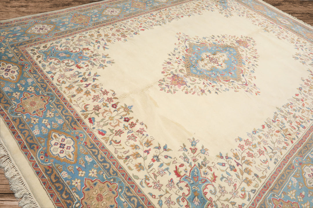 9x12 Ivory, Aqua, Tan Color Hand Knotted Kerman Wool Traditional/ Medallion Oriental Rug