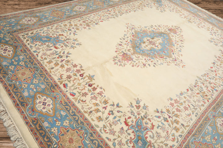 9x12 Ivory, Aqua, Tan Color Hand Knotted Kerman Wool Traditional/ Medallion Oriental Rug
