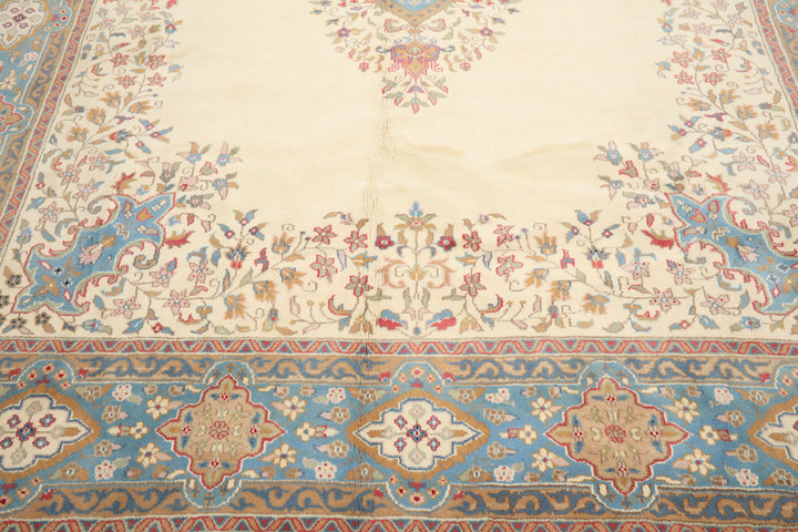 9x12 Ivory, Aqua, Tan Color Hand Knotted Kerman Wool Traditional/ Medallion Oriental Rug