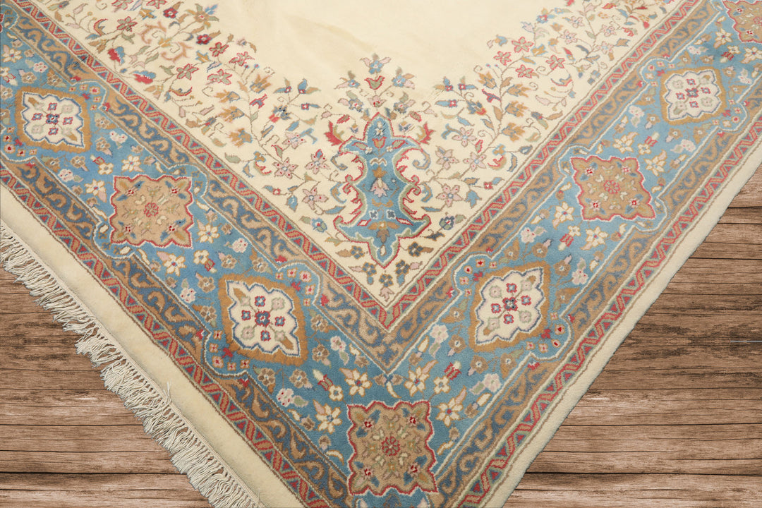 9x12 Ivory, Aqua, Tan Color Hand Knotted Kerman Wool Traditional/ Medallion Oriental Rug