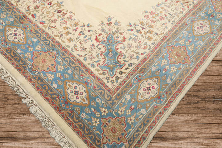 9x12 Ivory, Aqua, Tan Color Hand Knotted Kerman Wool Traditional/ Medallion Oriental Rug