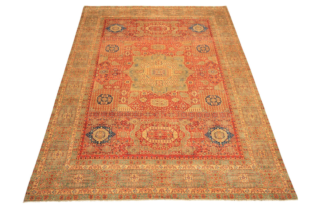 9x12 Burnt Orange, Gold, Celadone Color Hand Knotted Cairene Mamluk Wool Traditional Oriental Rug