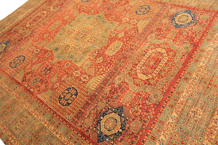 9x12 Burnt Orange, Gold, Celadone Color Hand Knotted Cairene Mamluk Wool Traditional Oriental Rug
